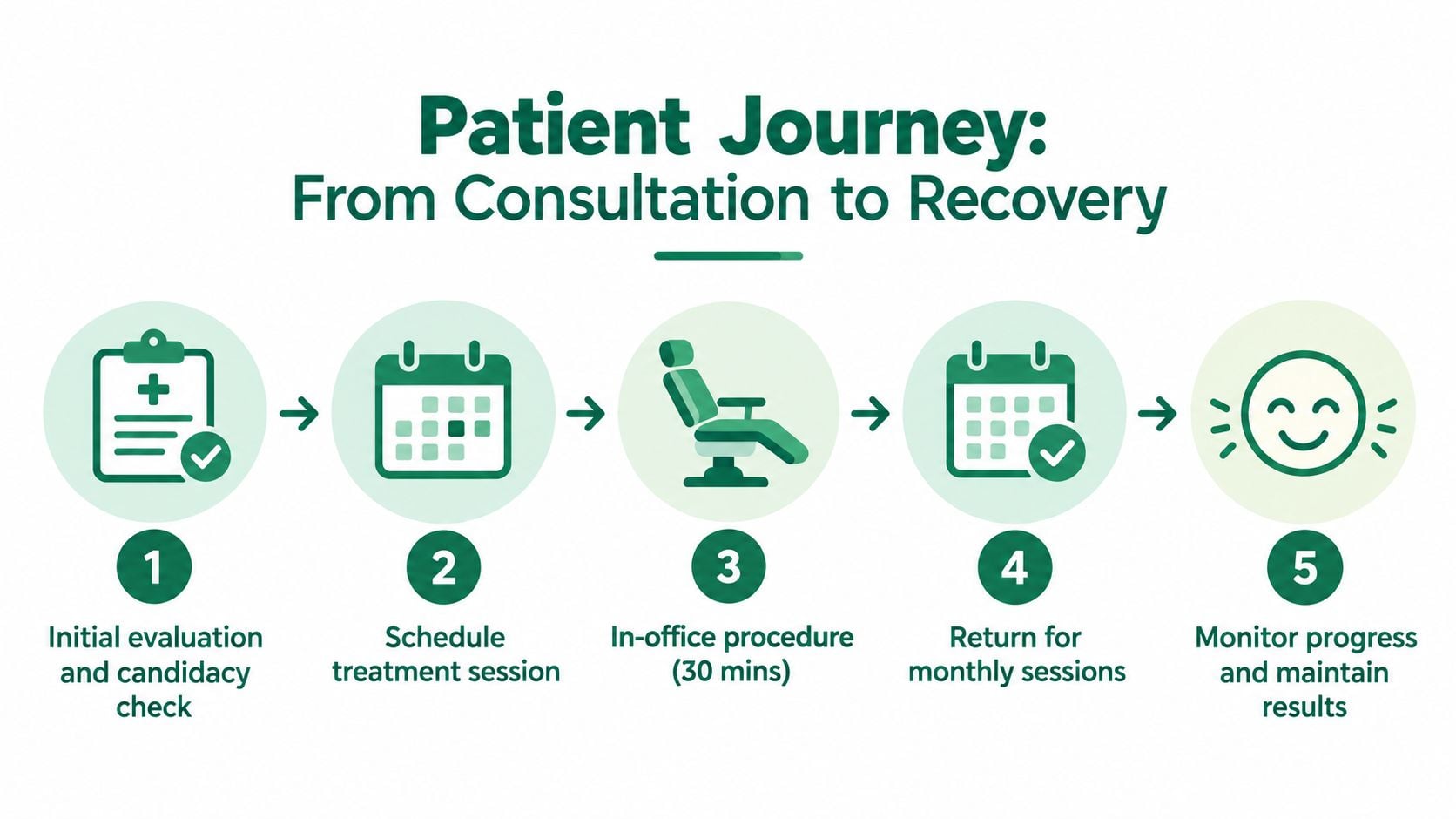 A five-step infographic illustrating the patient journey from initial medical consultation to recovery and maintenance.