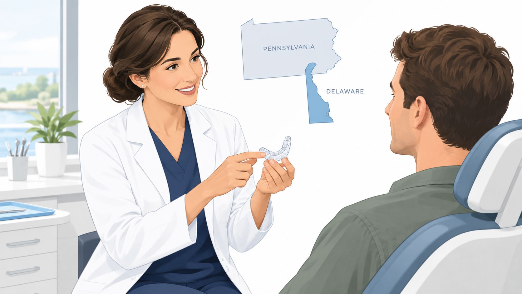 A friendly female dentist explains clear aligners or a mouth guard to a male patient in a clinic.