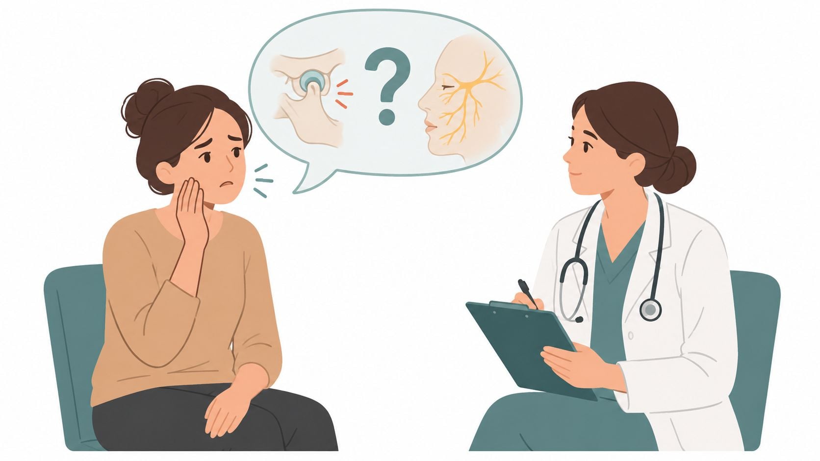 A patient discussing facial or jaw pain with a doctor while questioning potential TMJ or trigeminal neuralgia.