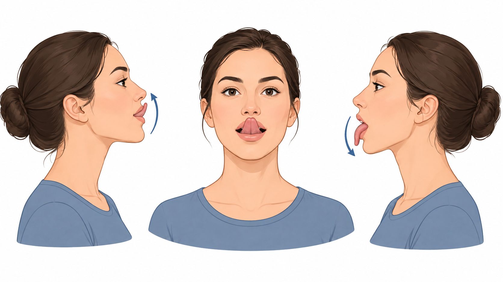 A diagram showing a woman performing tongue exercises with arrows indicating upward and downward movement.