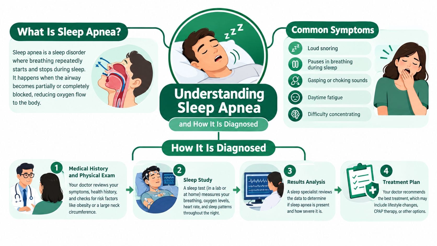 An infographic explaining what sleep apnea is, common symptoms, and the four-step diagnosis and treatment process.