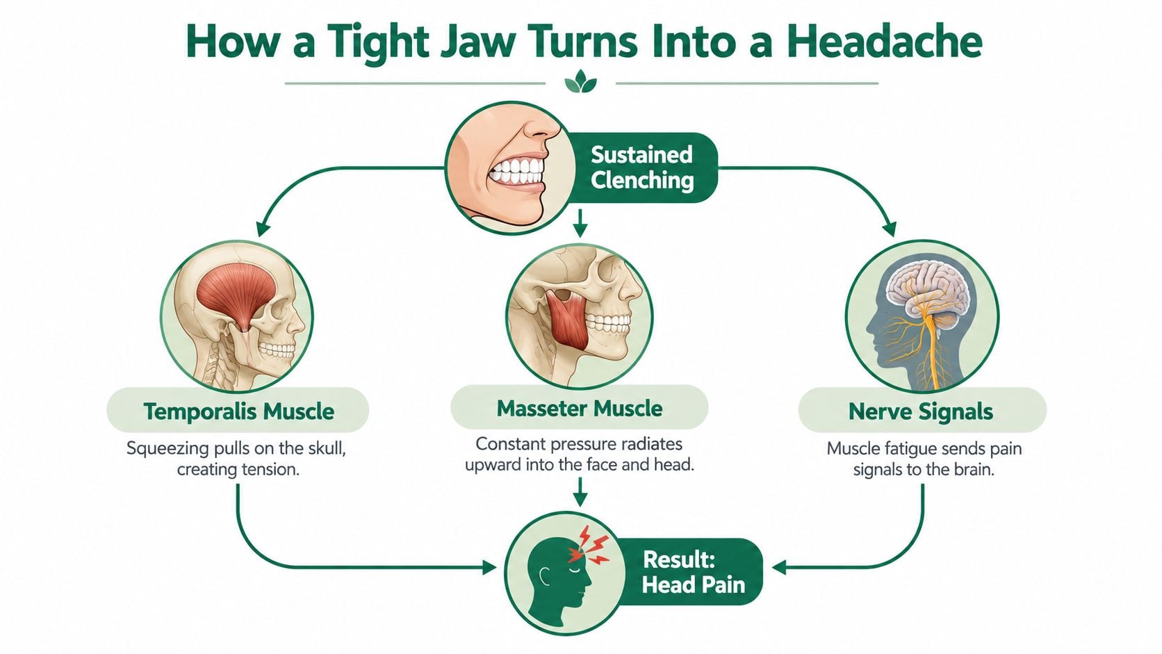 A medical infographic showing how sustained jaw clenching causes tension in muscles and nerves leading to headaches.