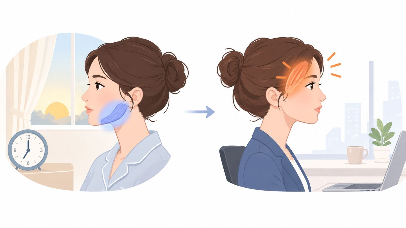 An illustration showing a woman clenching her jaw in the morning, leading to a tension headache later.