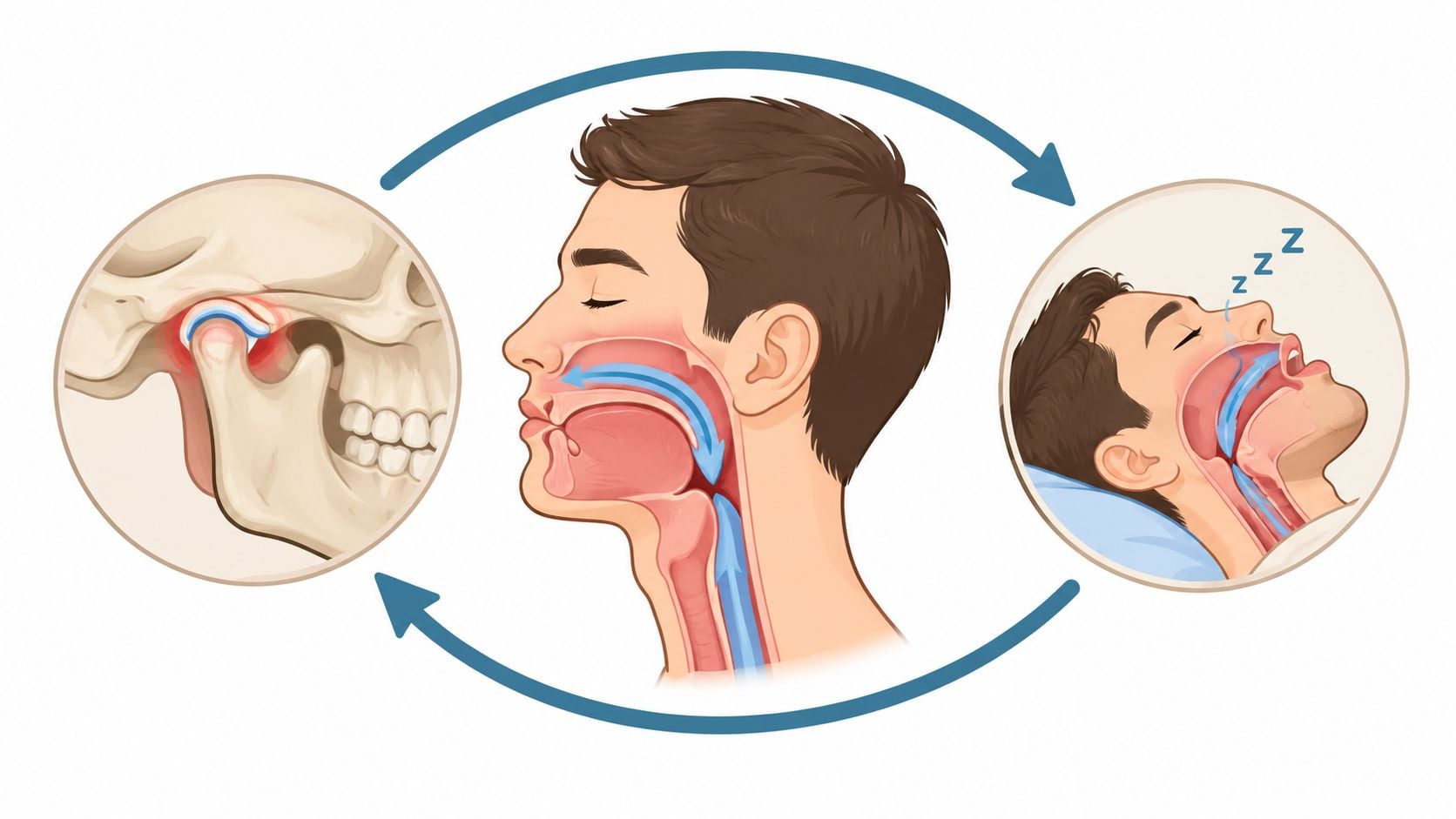 An illustration showing the anatomical relationship between the temporomandibular joint, airway flow, and obstructive sleep apnea.