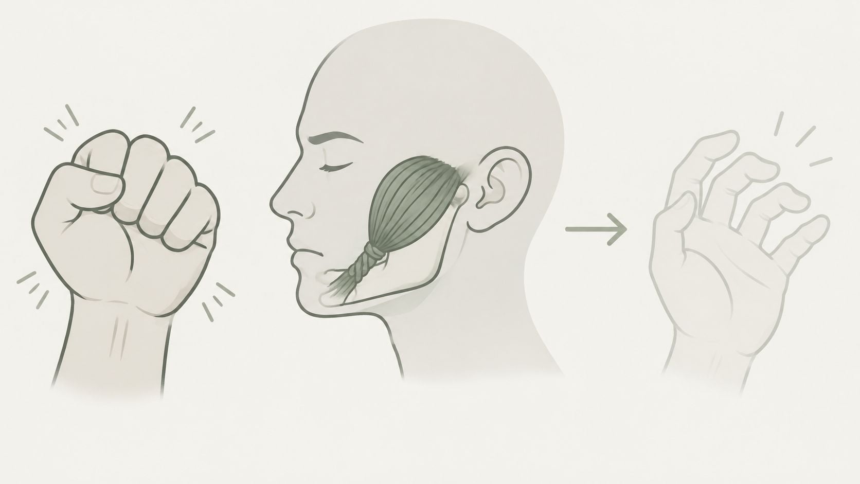 A diagram depicting the connection between a clenched fist and the masseter muscle in jaw lock.