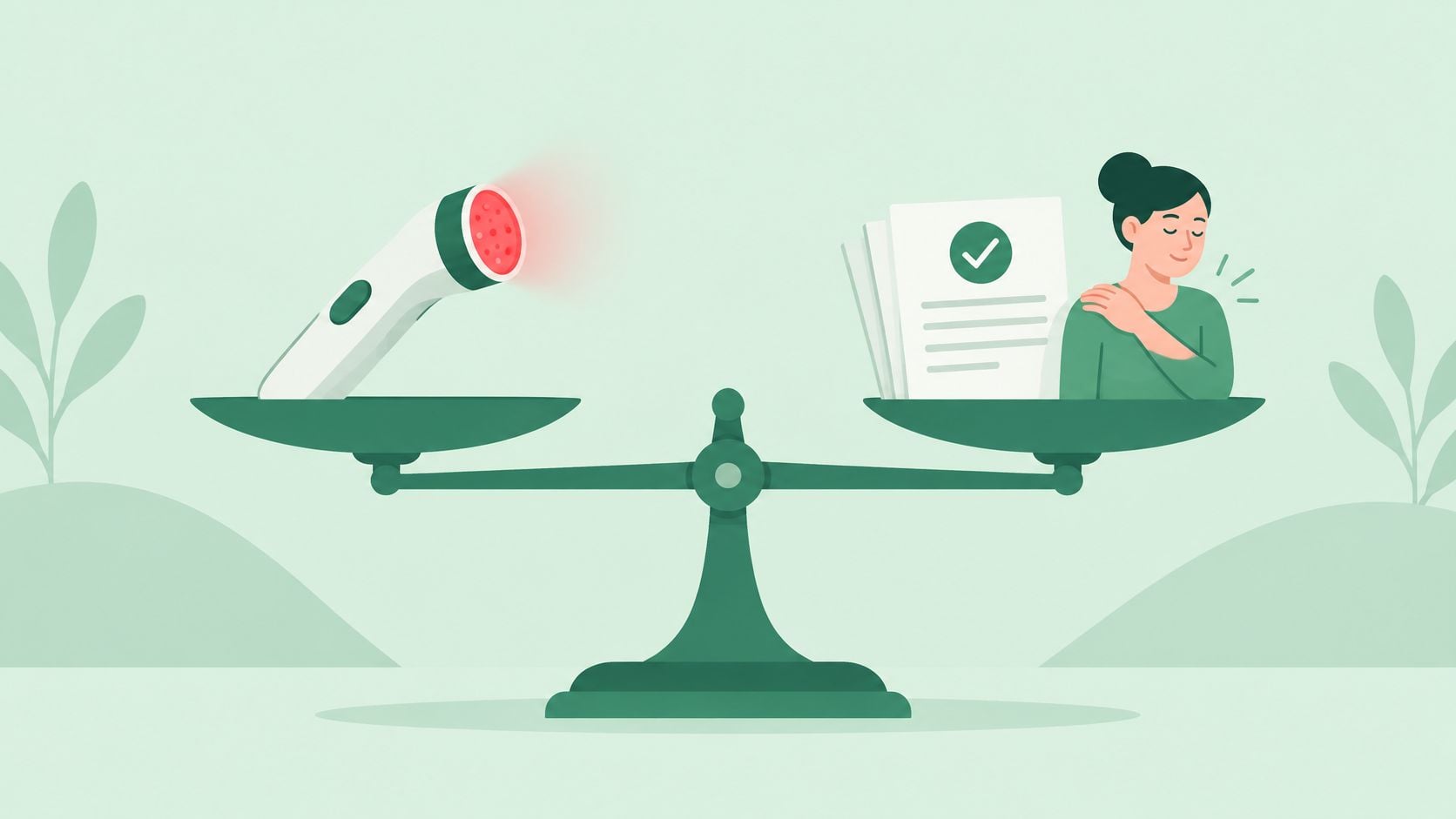 A conceptual illustration of a scale balancing a red light therapy device against a woman feeling relief.