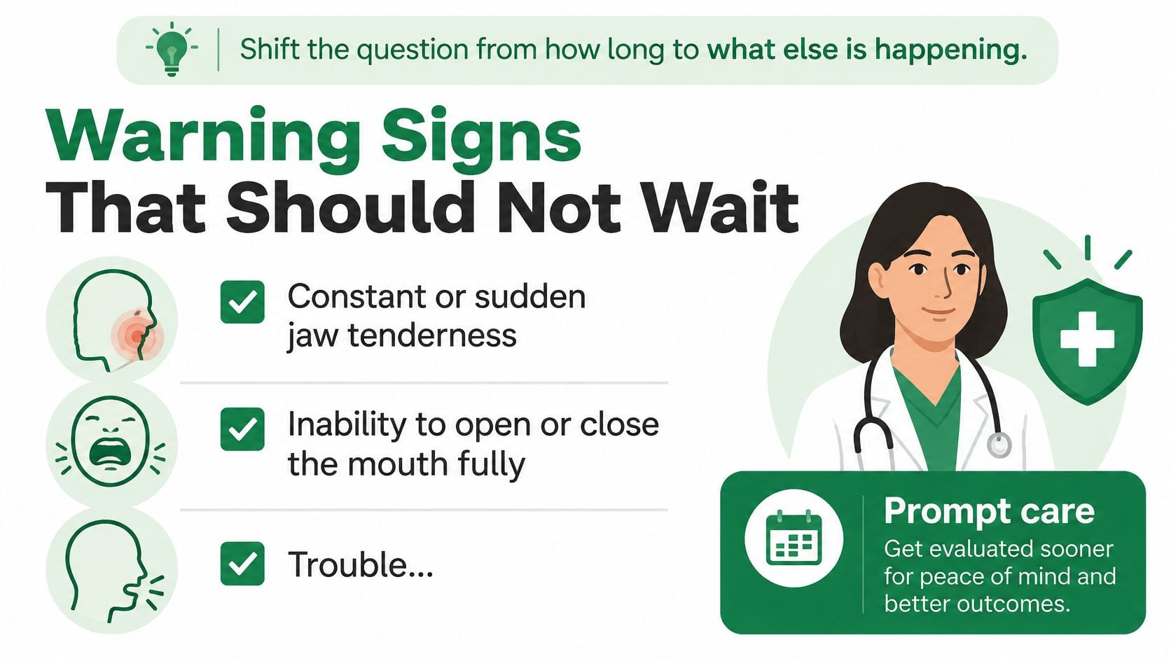 An infographic titled Warning Signs That Should Not Wait listing symptoms like jaw pain and mouth movement difficulties.