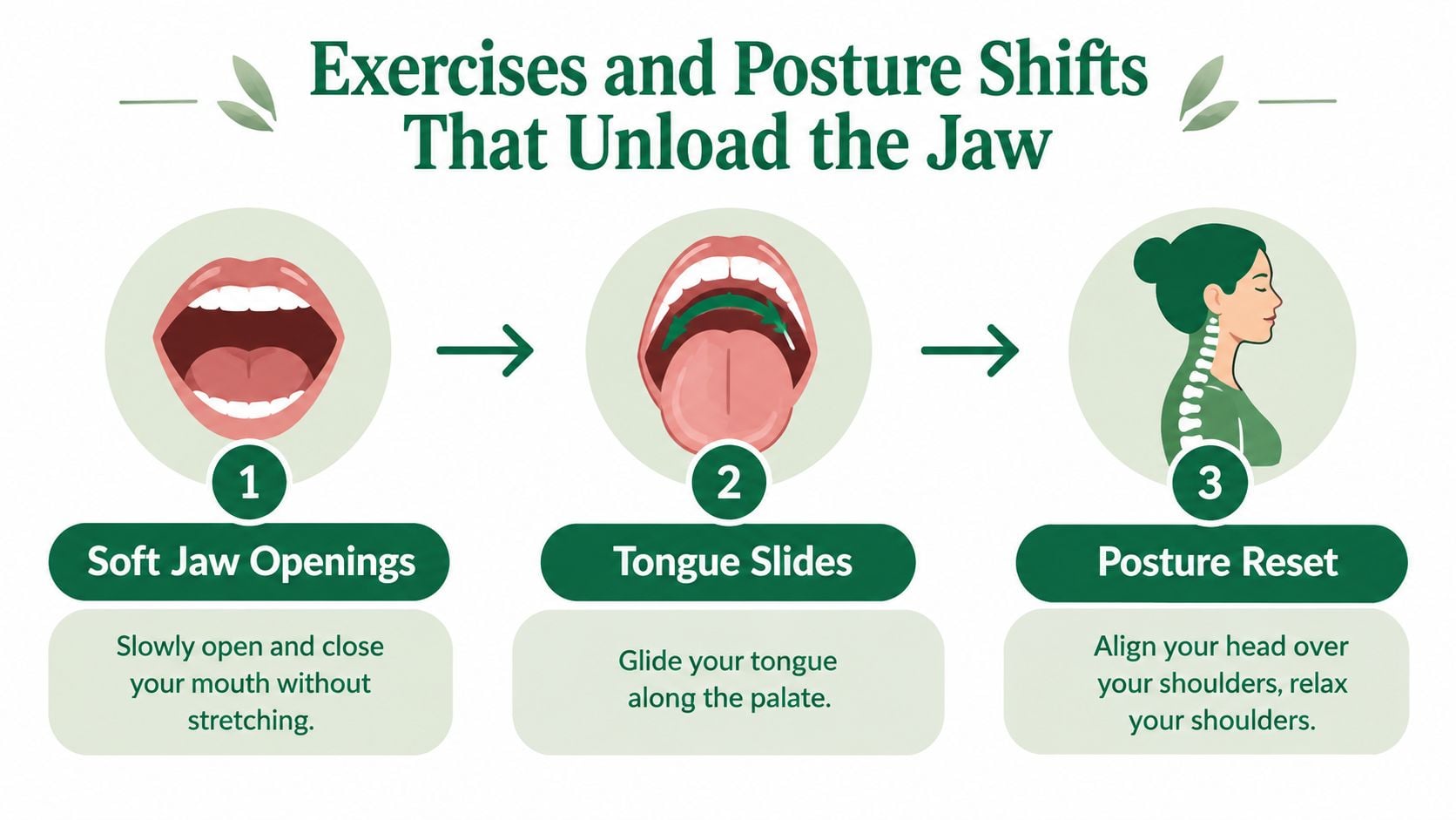 An infographic showing three simple exercises and posture shifts to help unload and relax the jaw muscle.