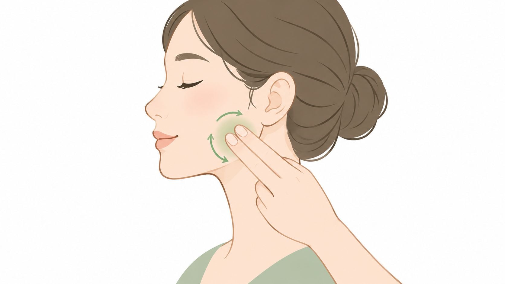 A side view illustration showing a woman gently massaging her jaw area to help relax muscles.