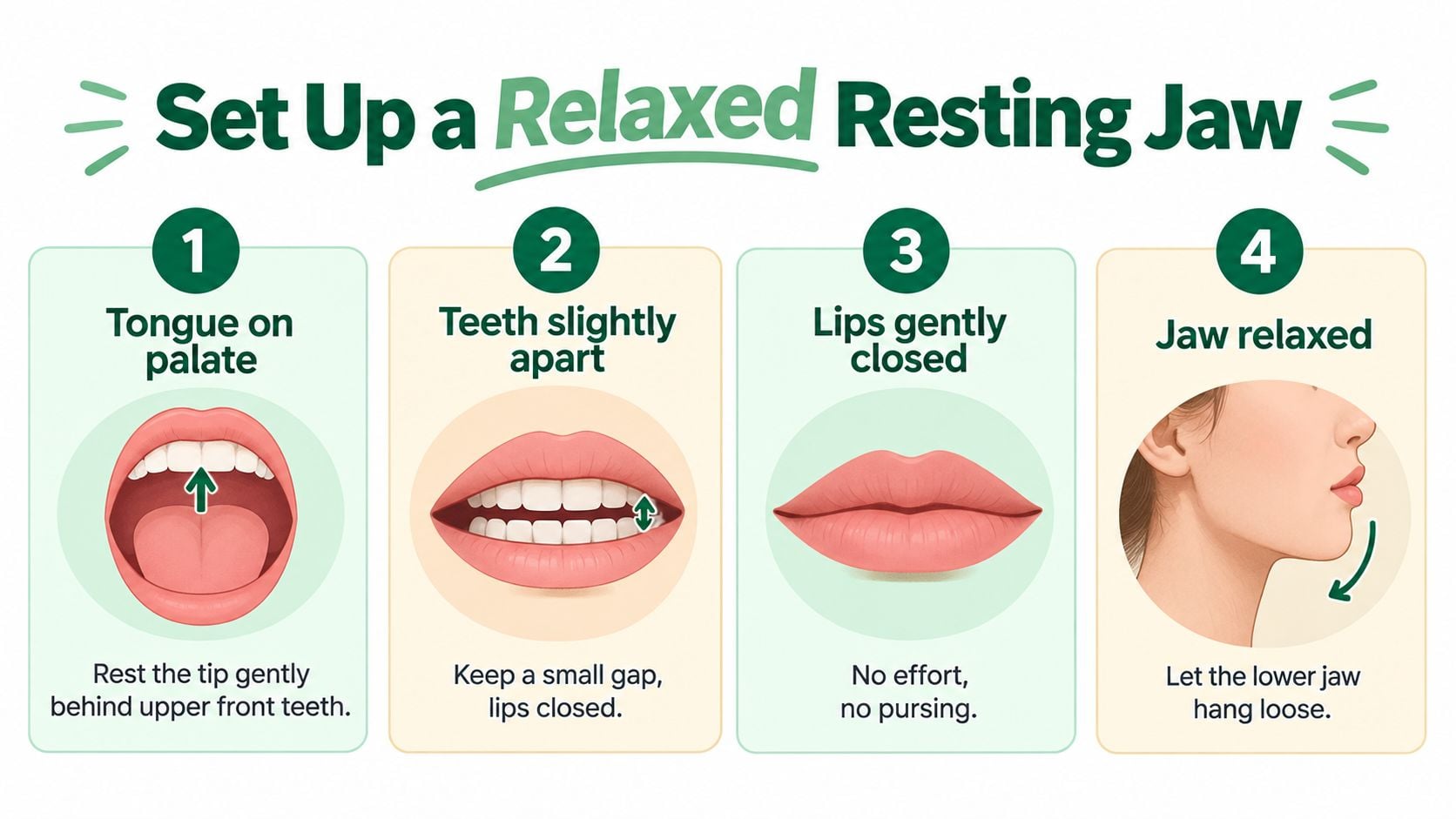 An instructional infographic detailing four simple steps to achieve a relaxed, comfortable resting jaw position.