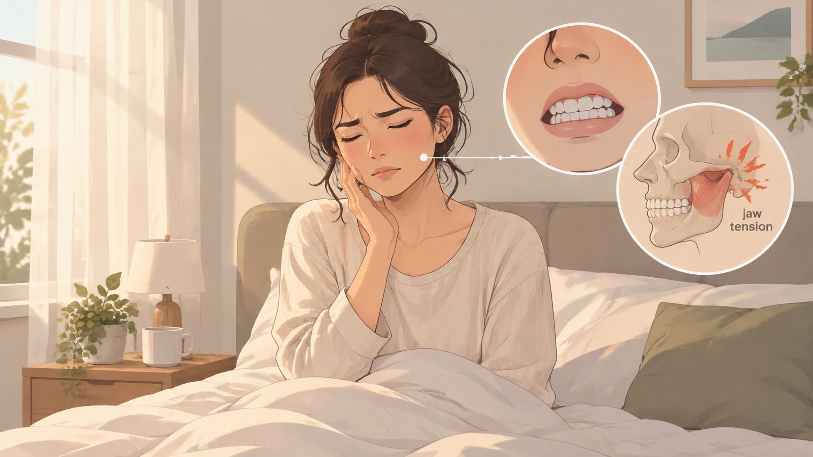 A woman waking up in bed experiencing pain from clenching her jaw at night with an anatomical illustration.