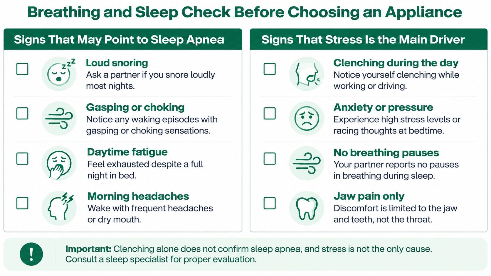 A checklist infographic comparing symptoms of sleep apnea versus stress-related jaw clenching to guide treatment choices.