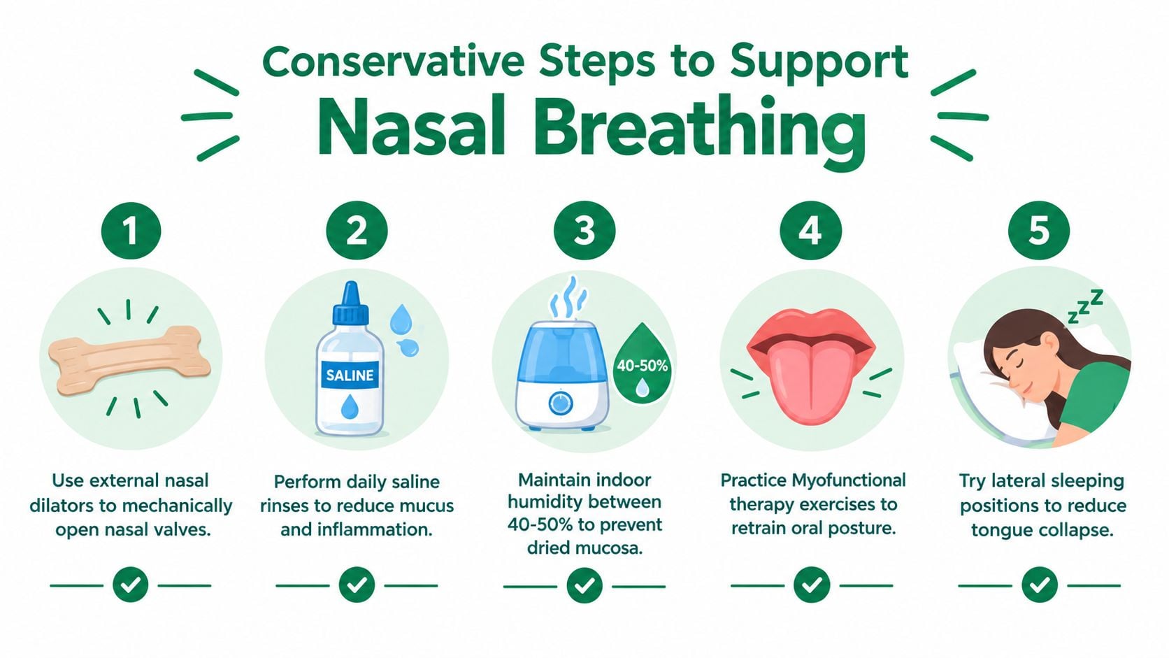 An infographic showing five conservative steps for improving nasal breathing, including saline rinses and sleep positioning.