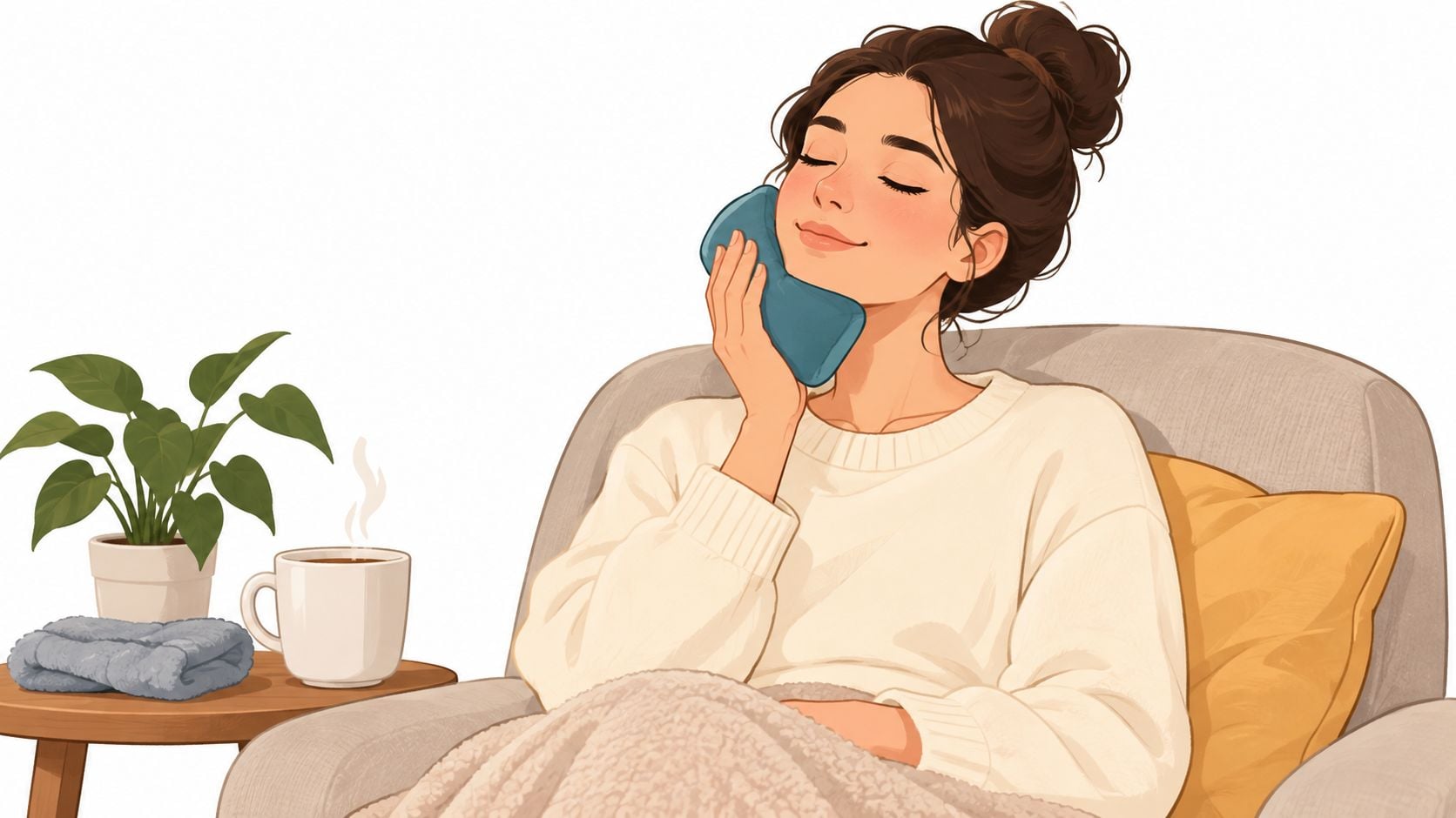 A young woman relaxing in an armchair while using a soothing ice pack on her jaw.