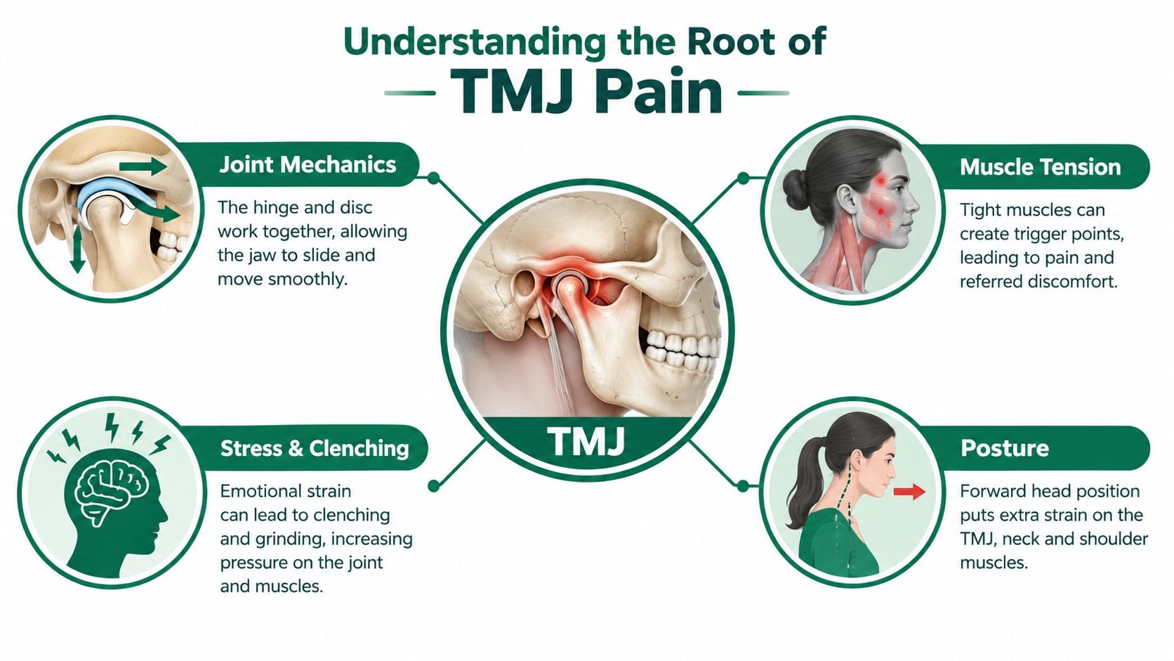An infographic illustrating four main causes of TMJ pain, including joint mechanics, muscle tension, stress, and posture.