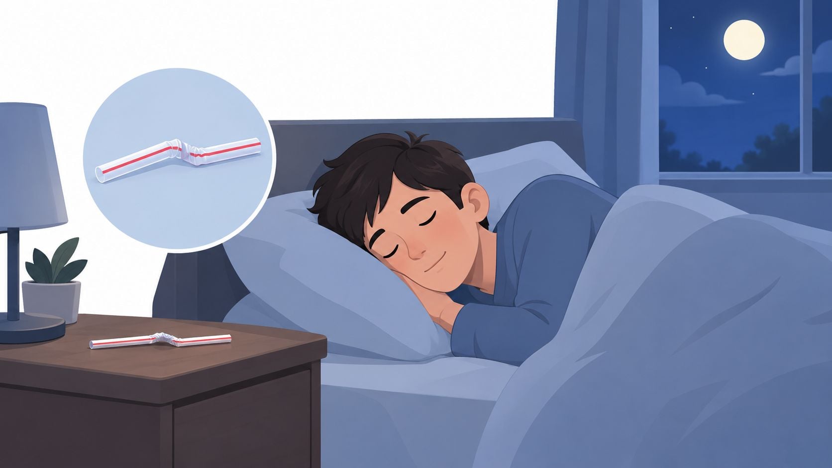 A peaceful boy sleeping in bed with a bent plastic straw highlighted on his nightstand.