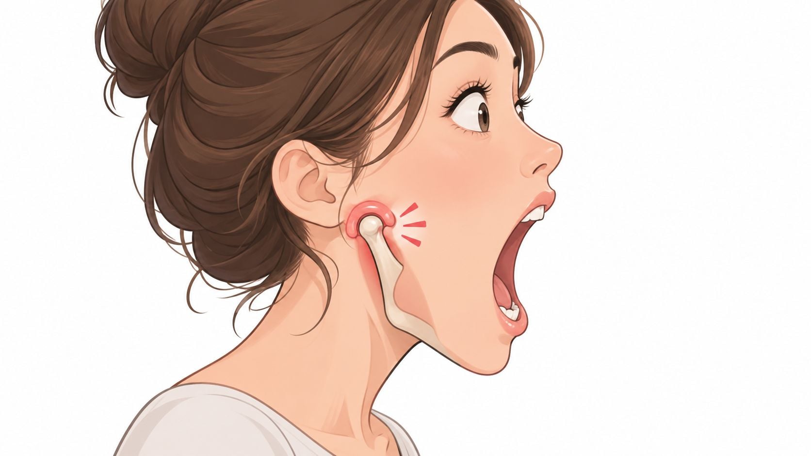 A diagram of a woman showing discomfort and pain in her jaw joint while yawning widely.