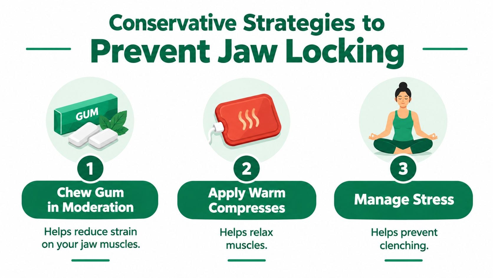 A graphic showing three conservative strategies to prevent jaw locking, including chewing gum, warm compresses, and stress management.