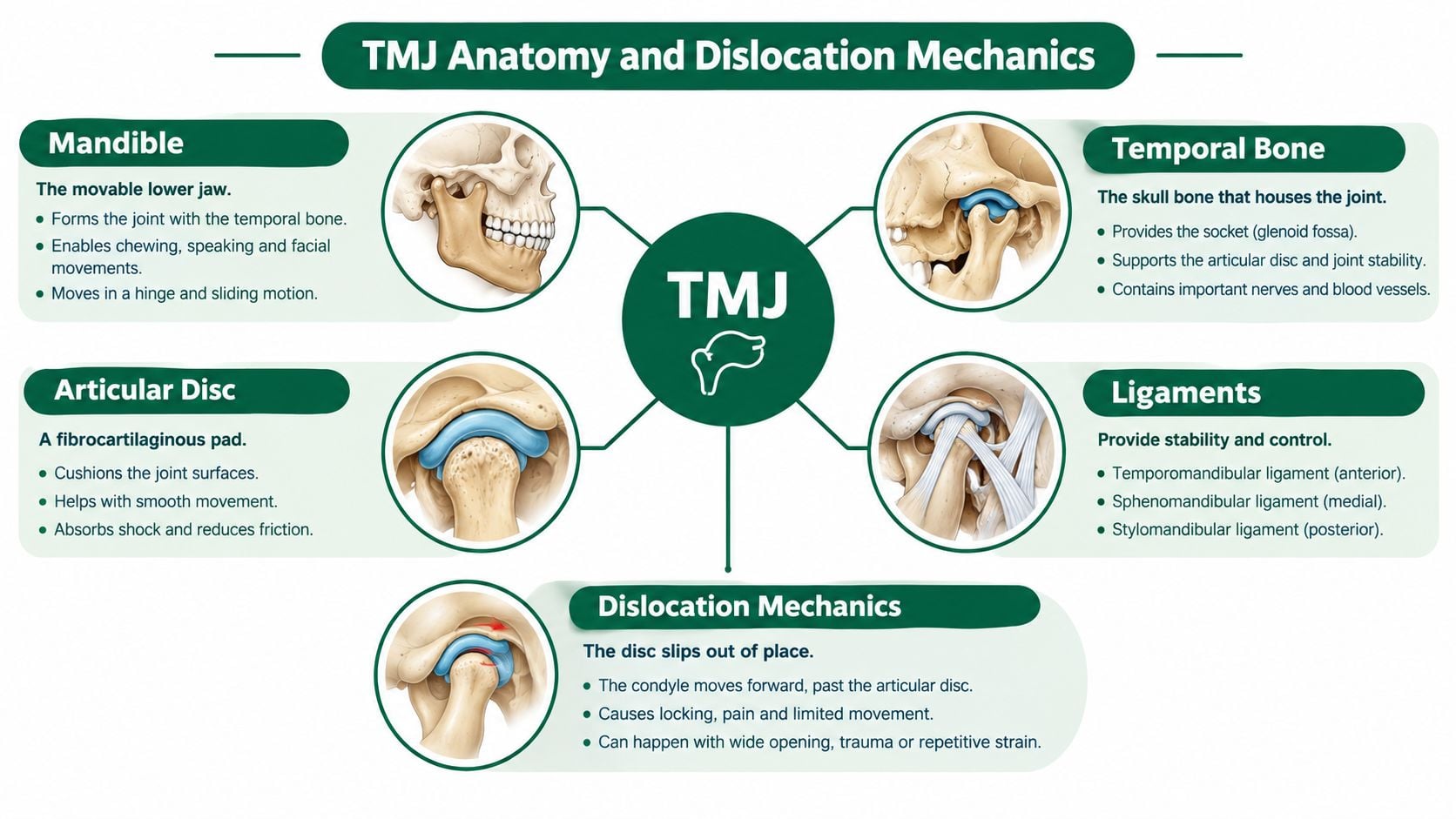 A detailed infographic illustrating the anatomy of the temporomandibular joint, including bones, ligaments, and dislocation mechanics.