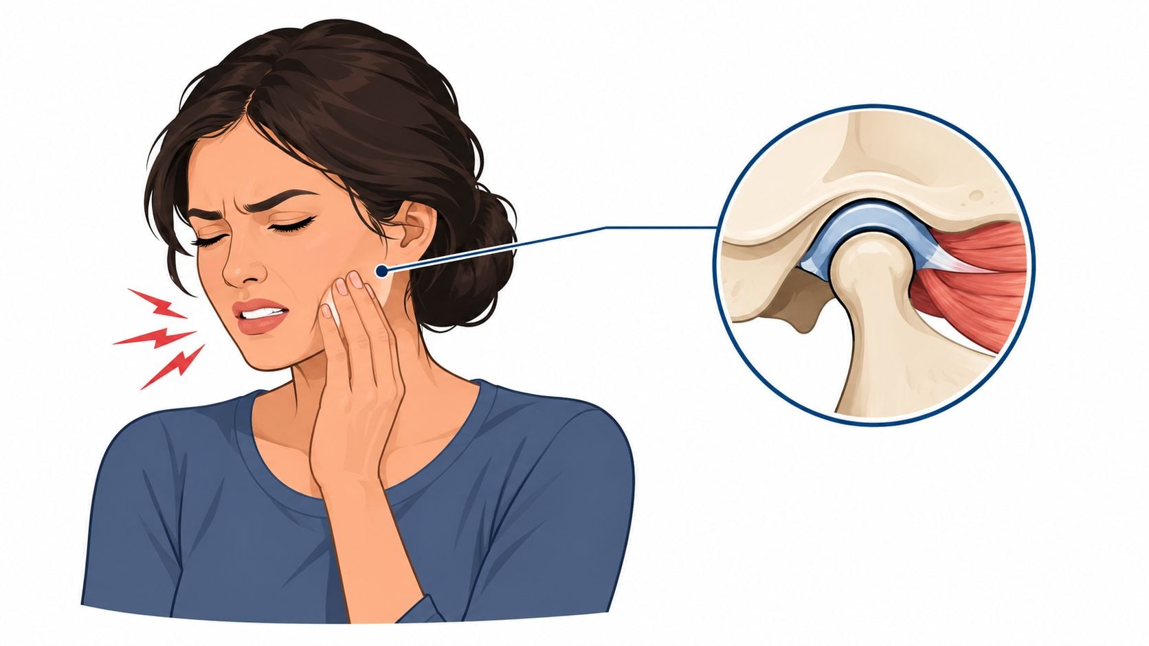 A woman holding her jaw in pain with an anatomical illustration of the temporomandibular joint shown nearby.