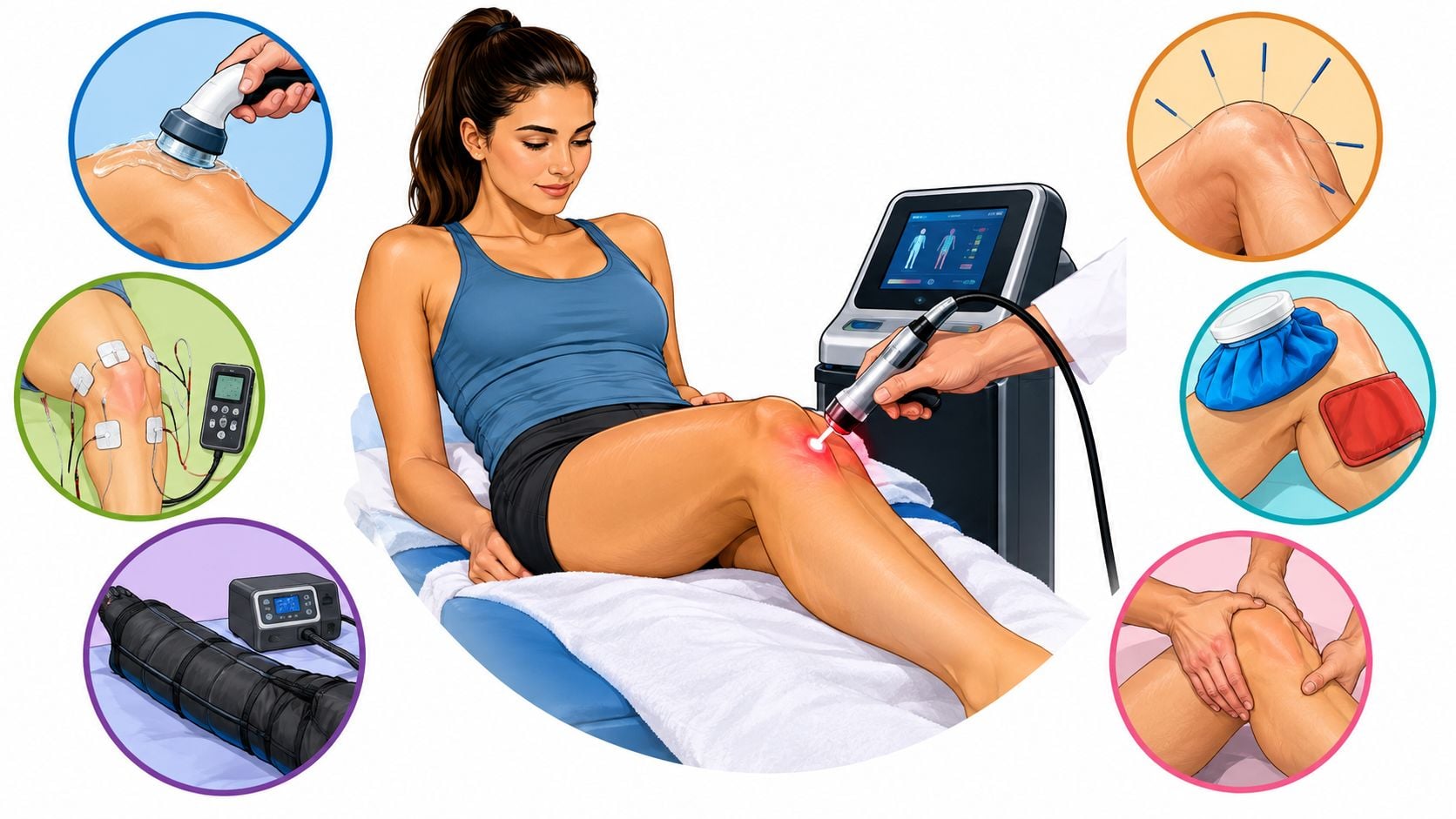 A woman receiving various non-surgical physical therapy treatments for knee pain in a clinical medical setting.