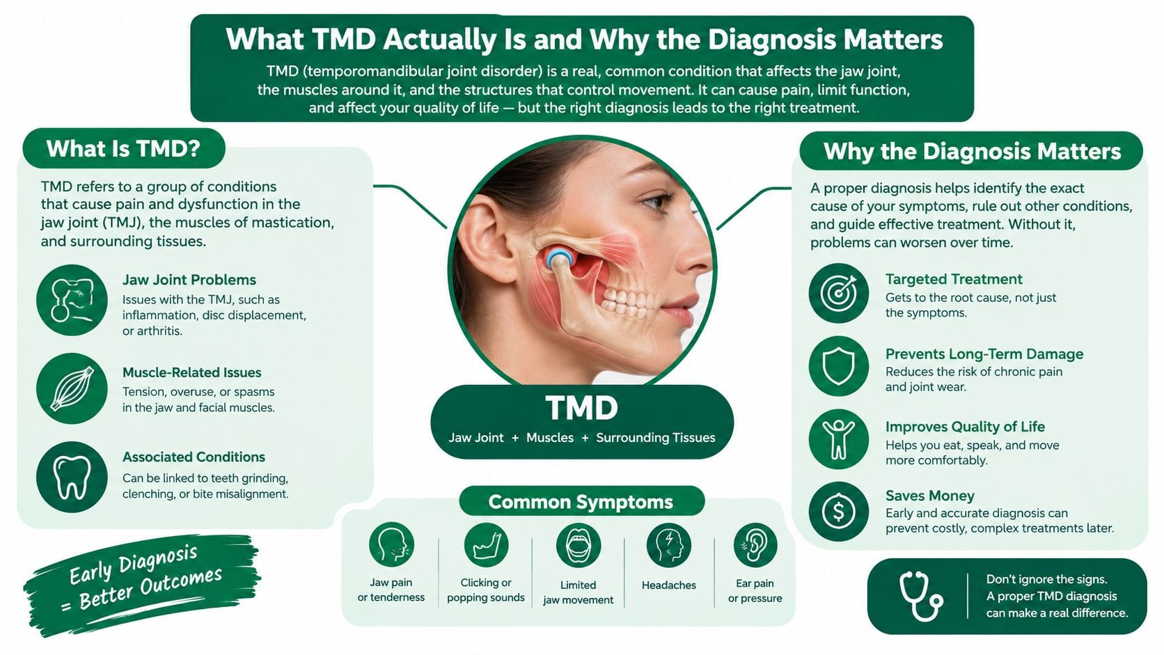 An infographic explaining temporomandibular joint disorder, covering its causes, importance of diagnosis, and common symptoms.