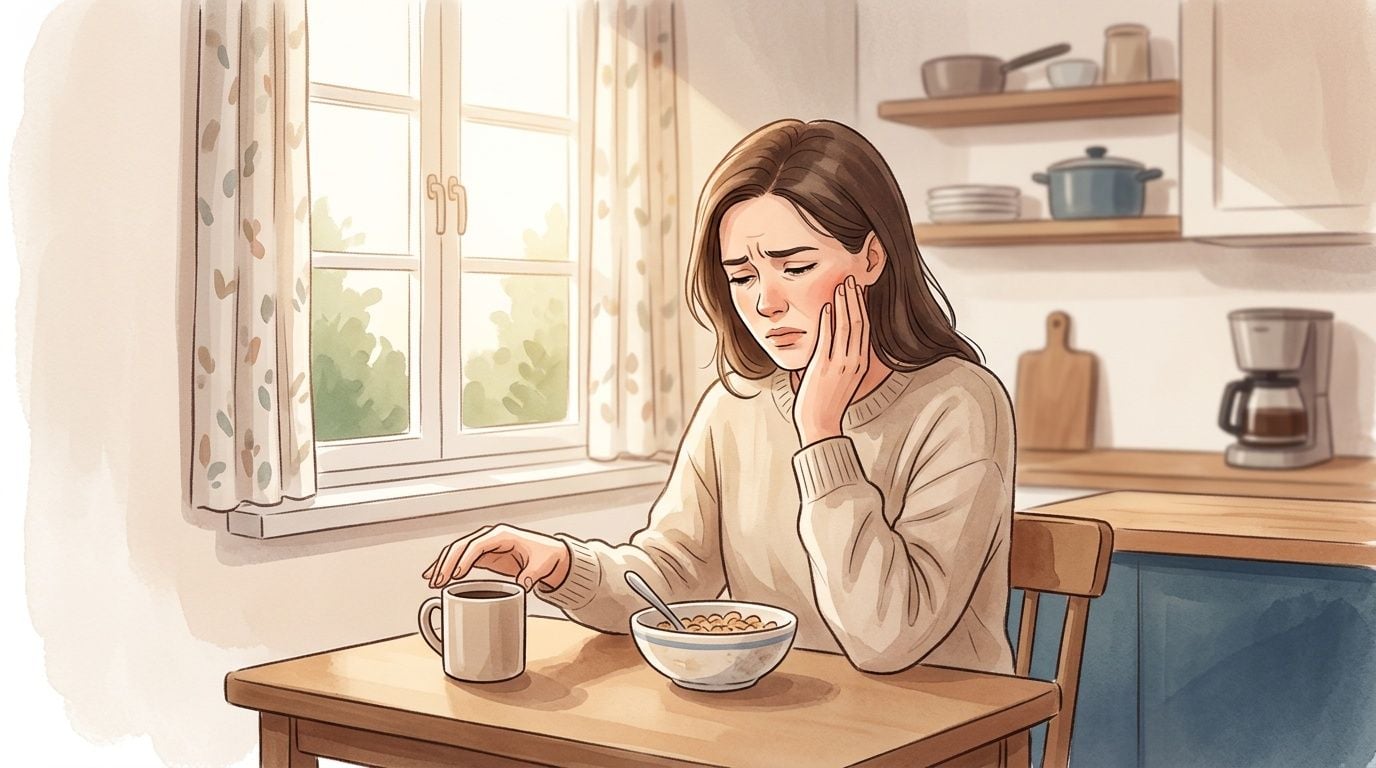 A woman experiencing tooth pain while sitting at a kitchen table with a bowl of cereal.