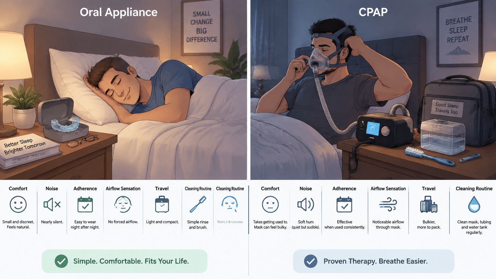 A comparison chart showing the differences between an oral appliance and a CPAP machine for sleep apnea.