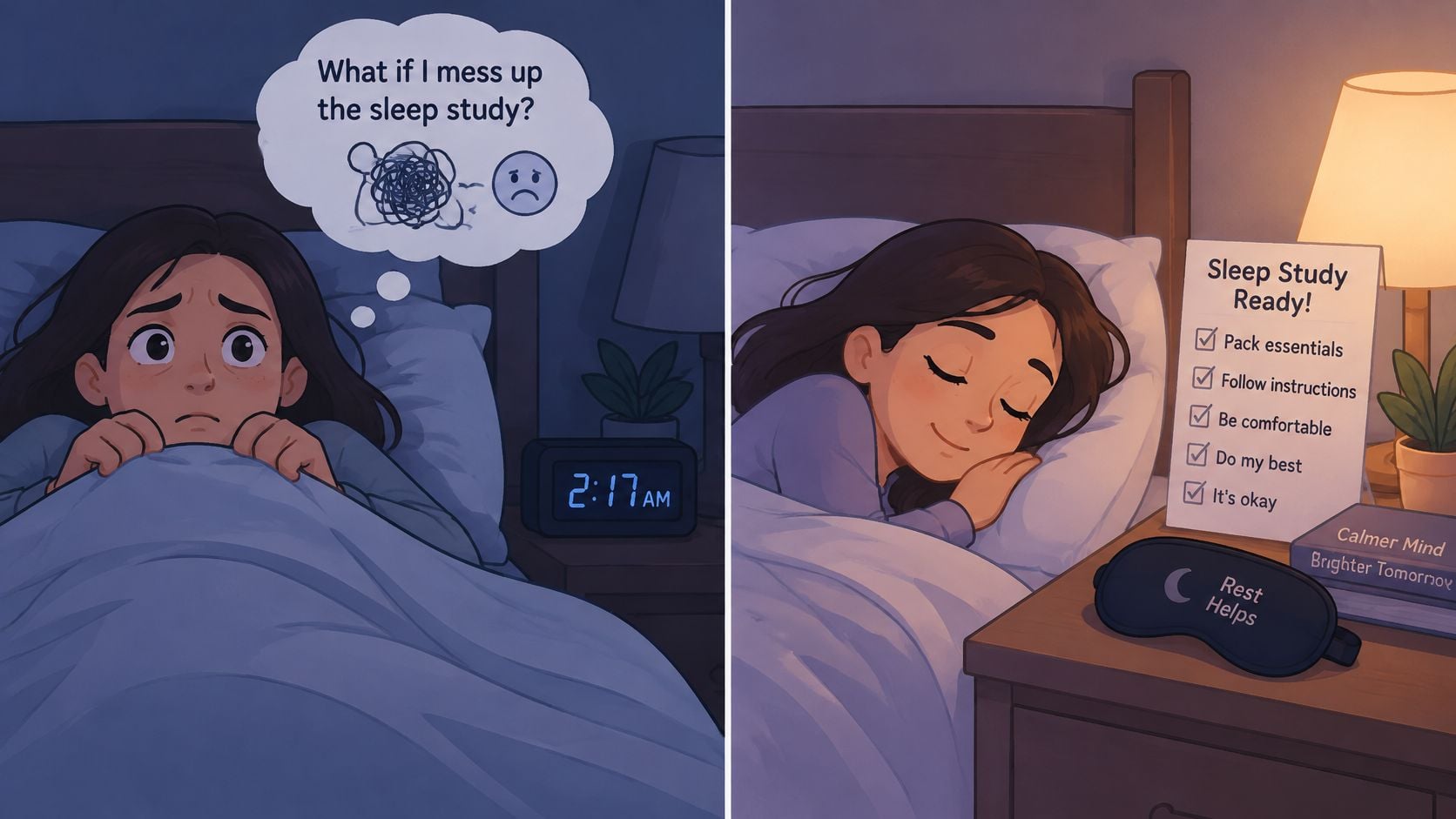 A split image showing a person anxious about a sleep study at night versus sleeping peacefully ready.