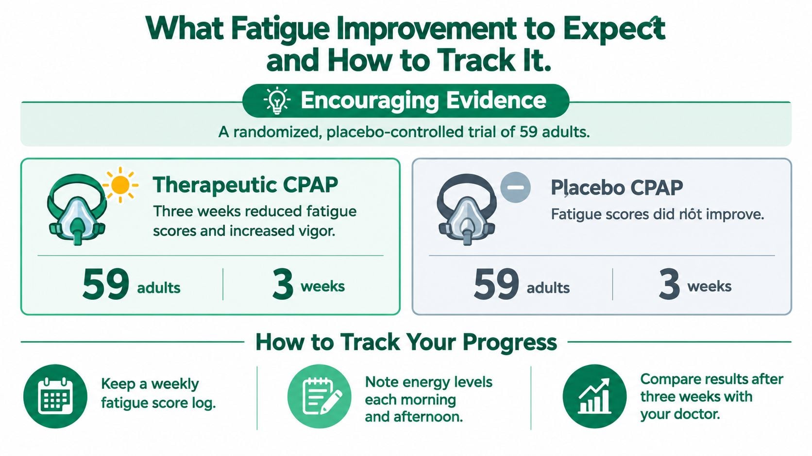An infographic showing clinical trial results on how CPAP therapy improves fatigue in sleep apnea patients.