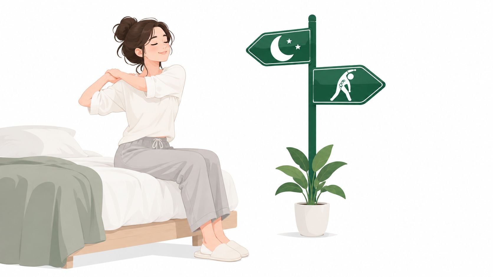 A young woman waking up on her bed, considering sleep or morning stretching exercises for chronic fatigue.