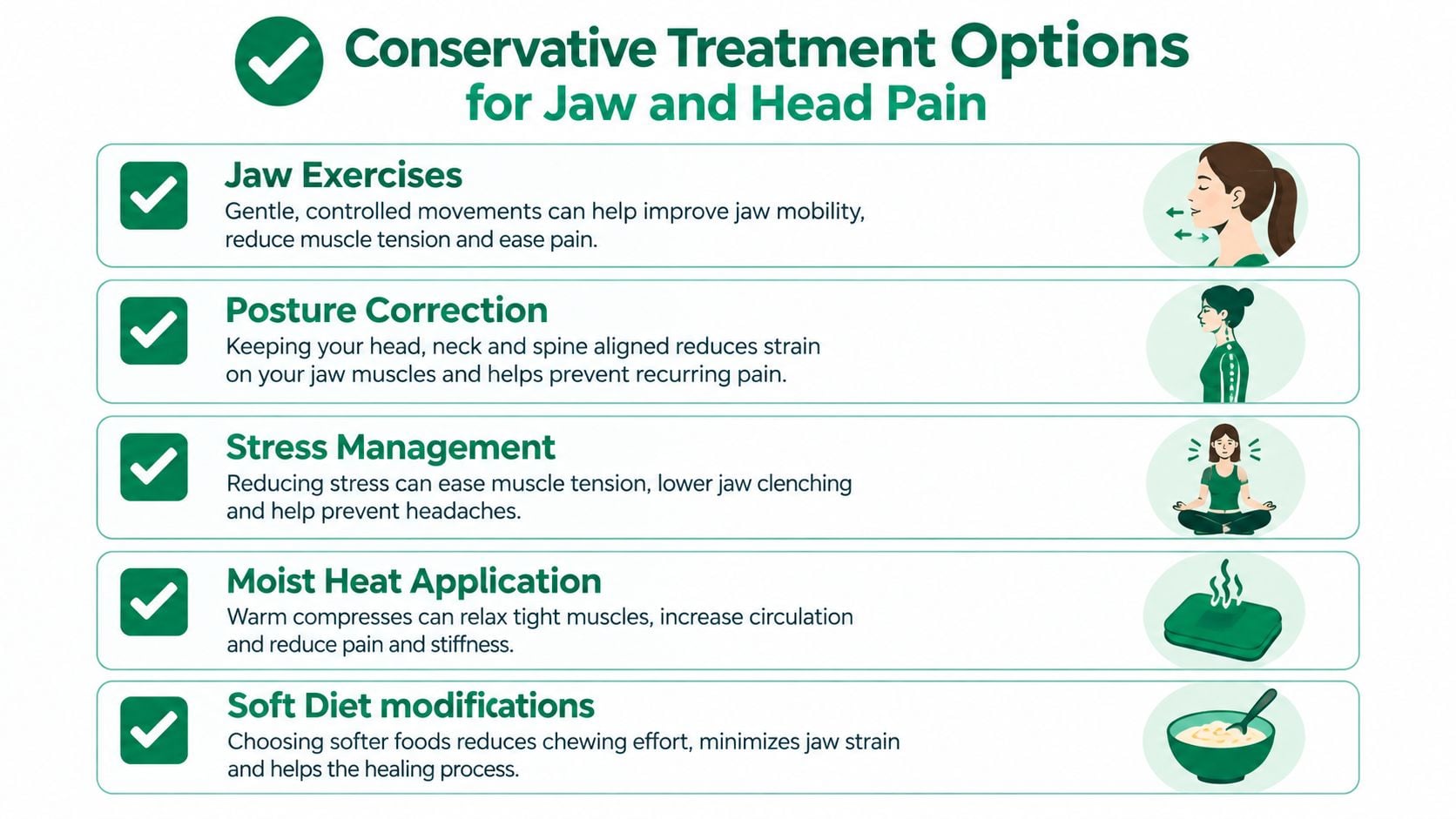 A list of five conservative treatment options for managing jaw and head pain with helpful icons.