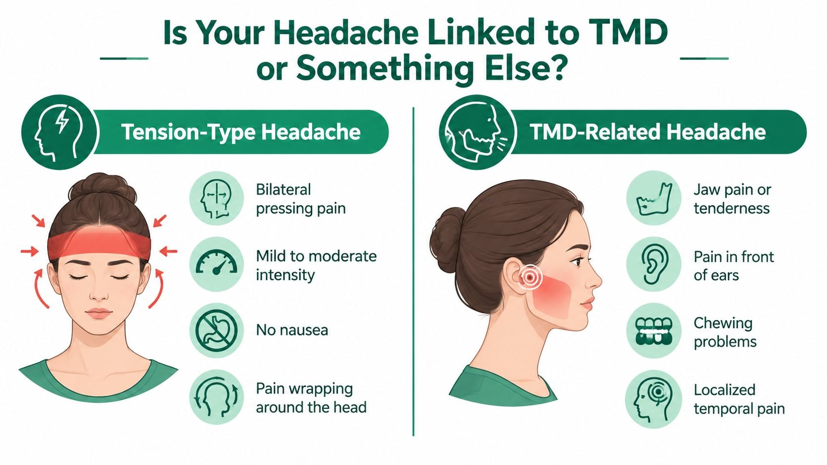 A comparison chart showing the differences between symptoms of tension-type headaches and TMD-related headaches.