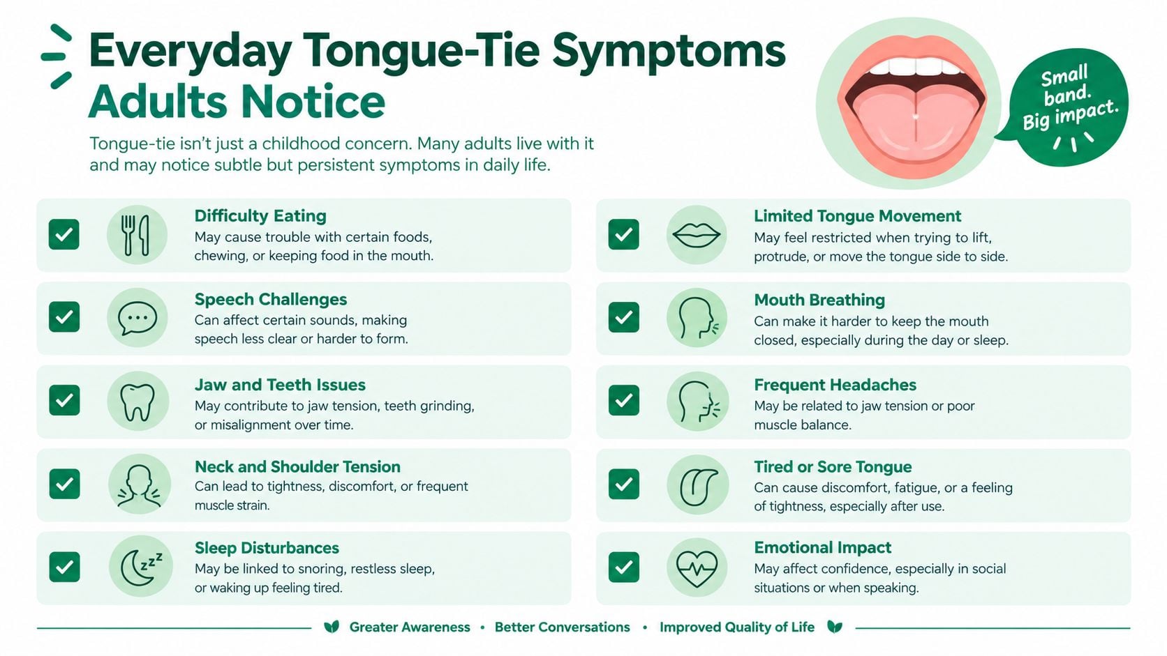 An infographic titled Everyday Tongue-Tie Symptoms Adults Notice listing various physical and emotional symptoms related to tongue-tie.