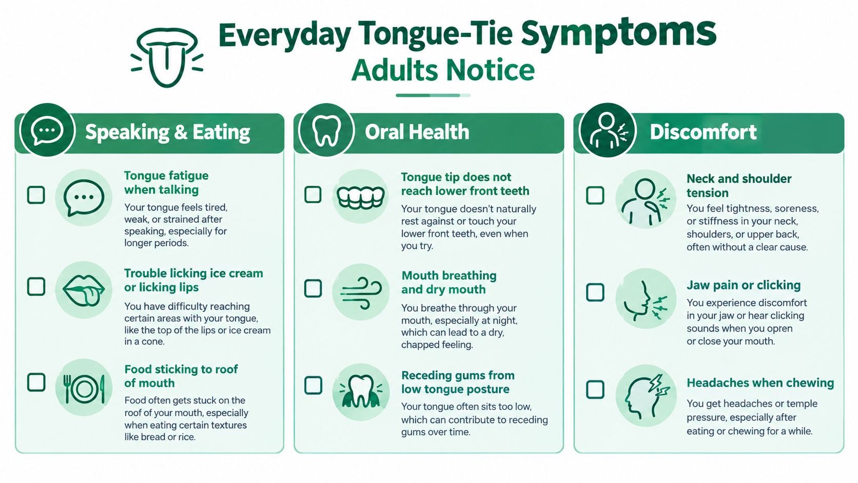 A checklist infographic titled Everyday Tongue-Tie Symptoms Adults Notice categorized by speaking, oral health, and physical discomfort.