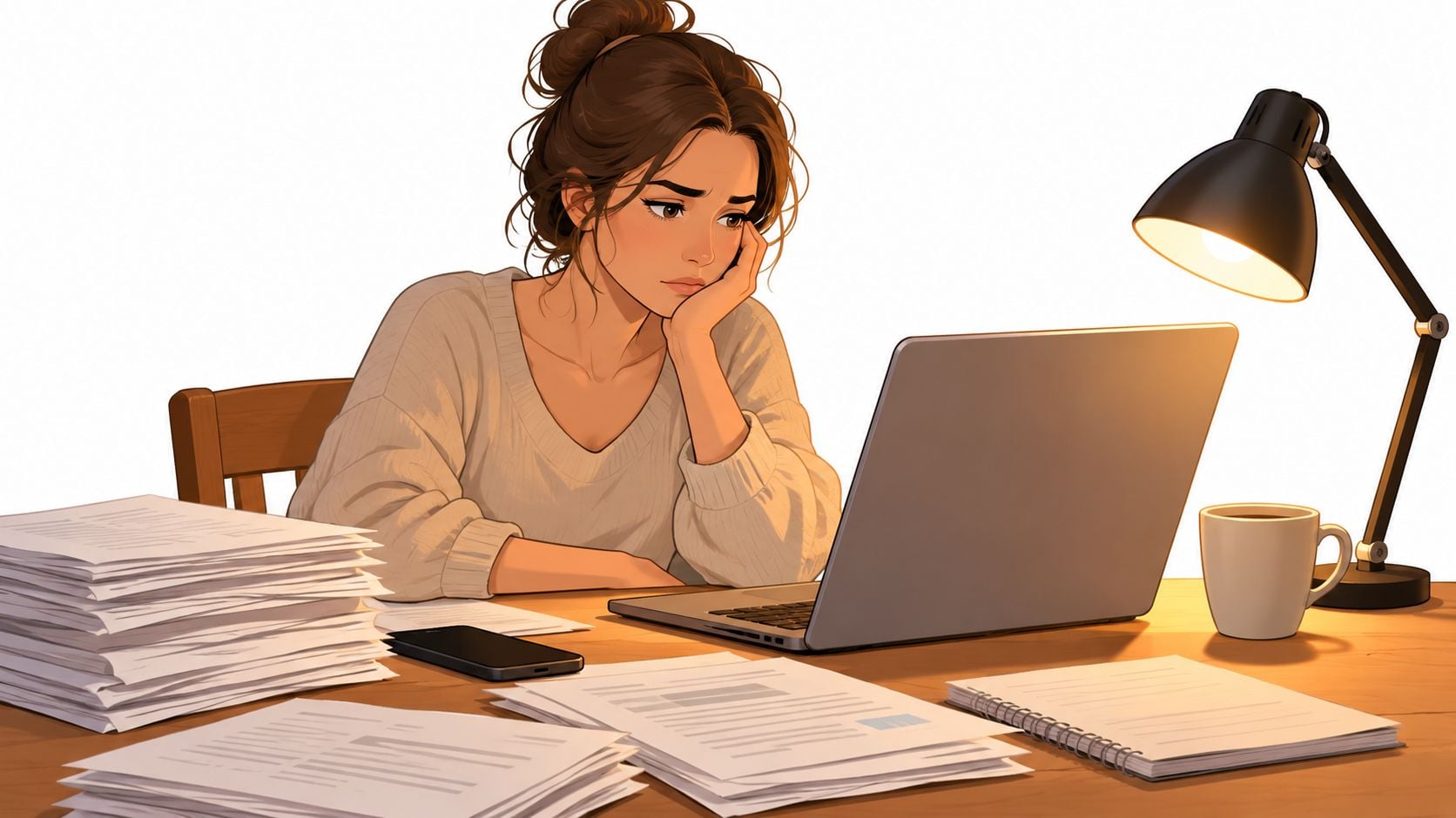 A tired young woman working late on a laptop at a desk surrounded by stacks of paper.