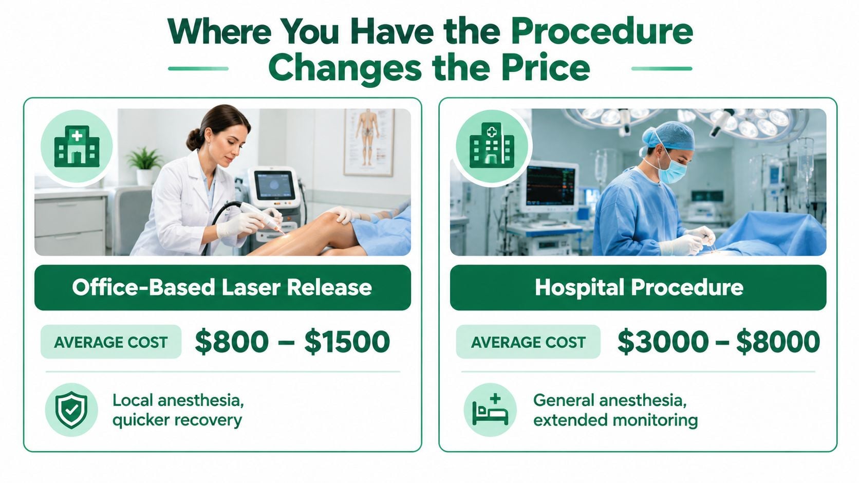 A comparison chart showing that tongue tie laser surgery costs less in-office versus at a hospital.