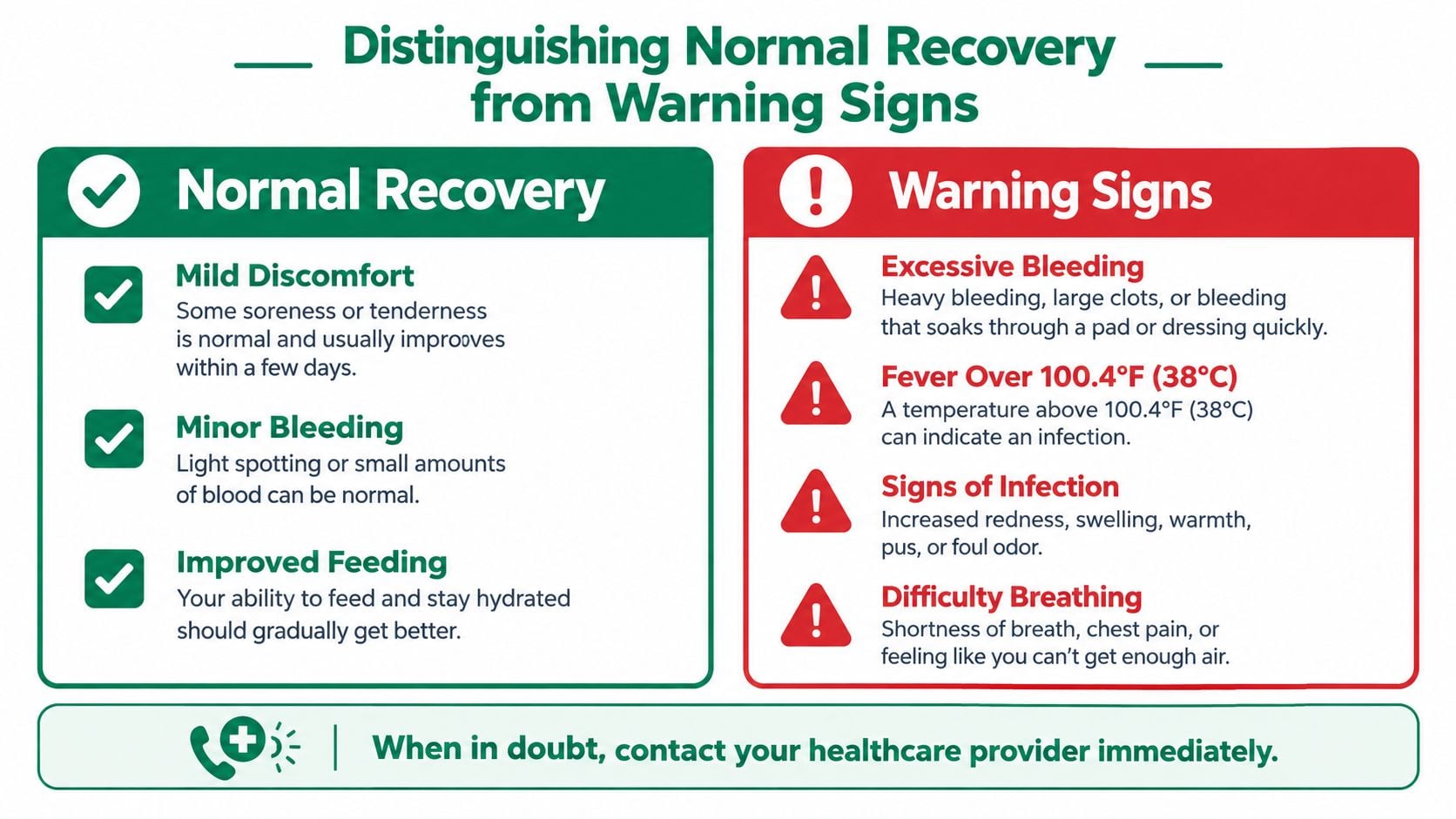 A medical information graphic comparing normal recovery symptoms with warning signs for a post-procedure recovery period.