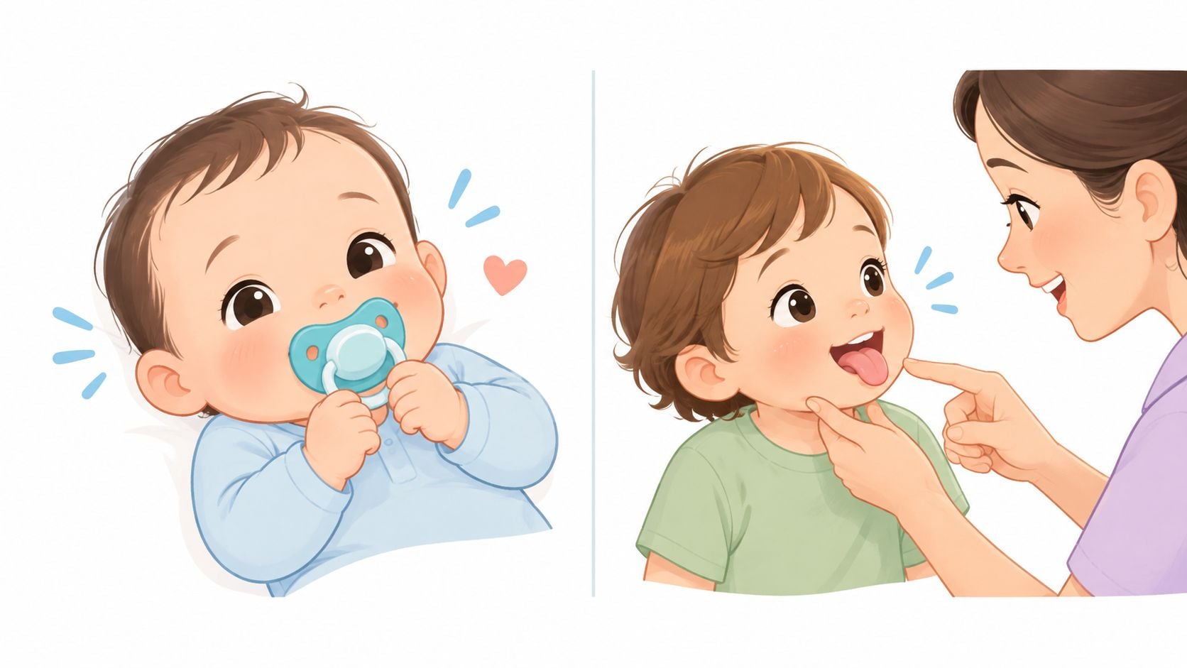 A dual illustration showing a baby with a pacifier and a mother checking her toddler's tongue movement.