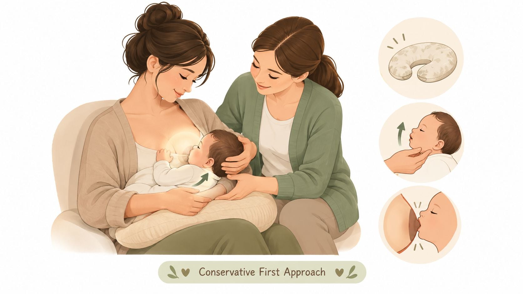 An illustration showing a breastfeeding consultant demonstrating the conservative first approach to breastfeeding with a newborn baby.