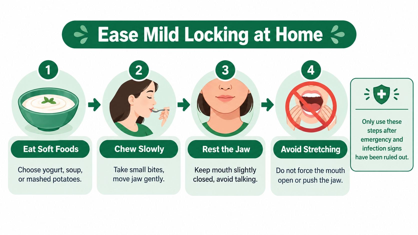 An infographic titled Ease Mild Locking at Home illustrating four steps to manage a locked jaw.