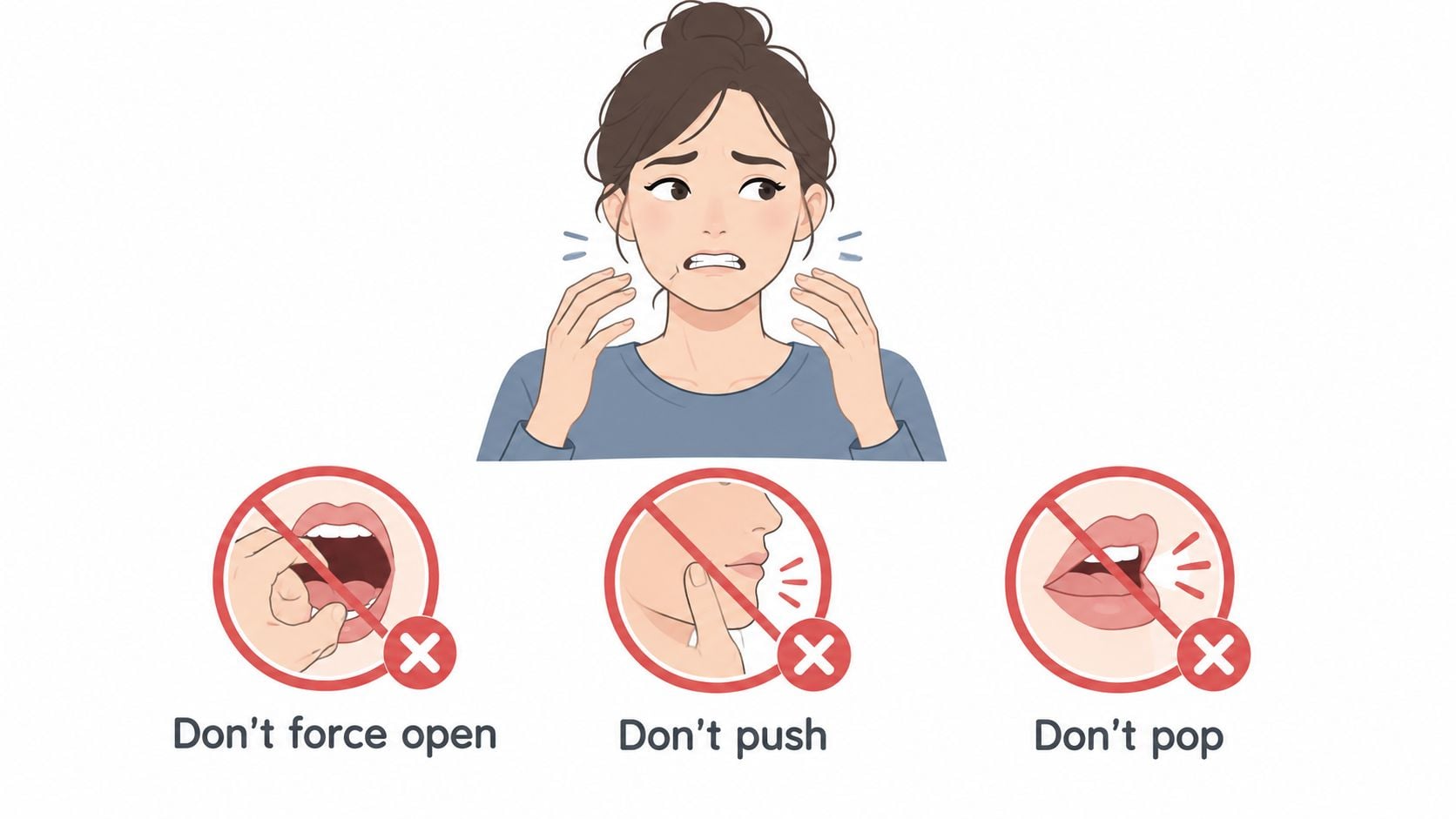 An illustration showing a woman with a locked jaw and instructions to avoid forcing, pushing, or popping it.