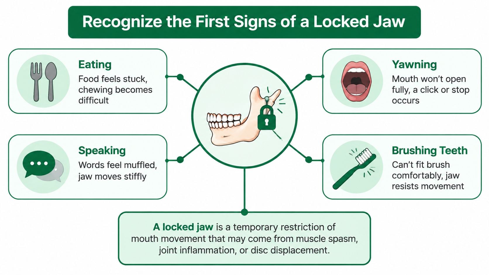 An infographic showing four common daily activities that may become difficult when experiencing a locked jaw.