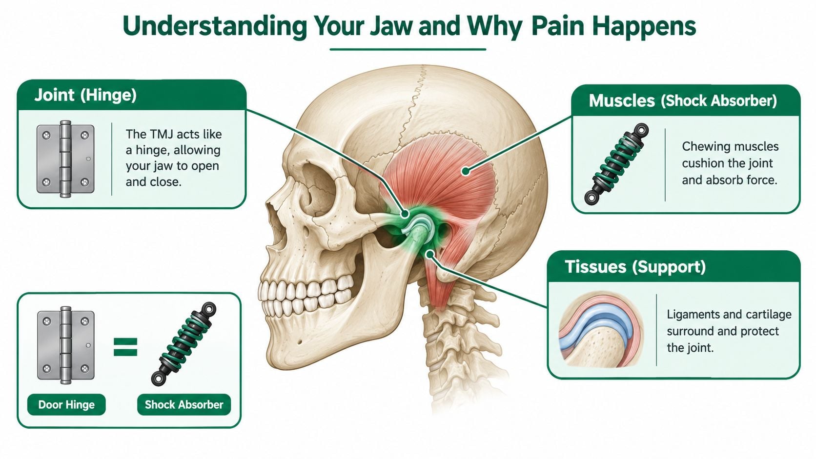 An anatomical illustration showing the jaw joint, its muscles, and tissues acting as hinges and shock absorbers.