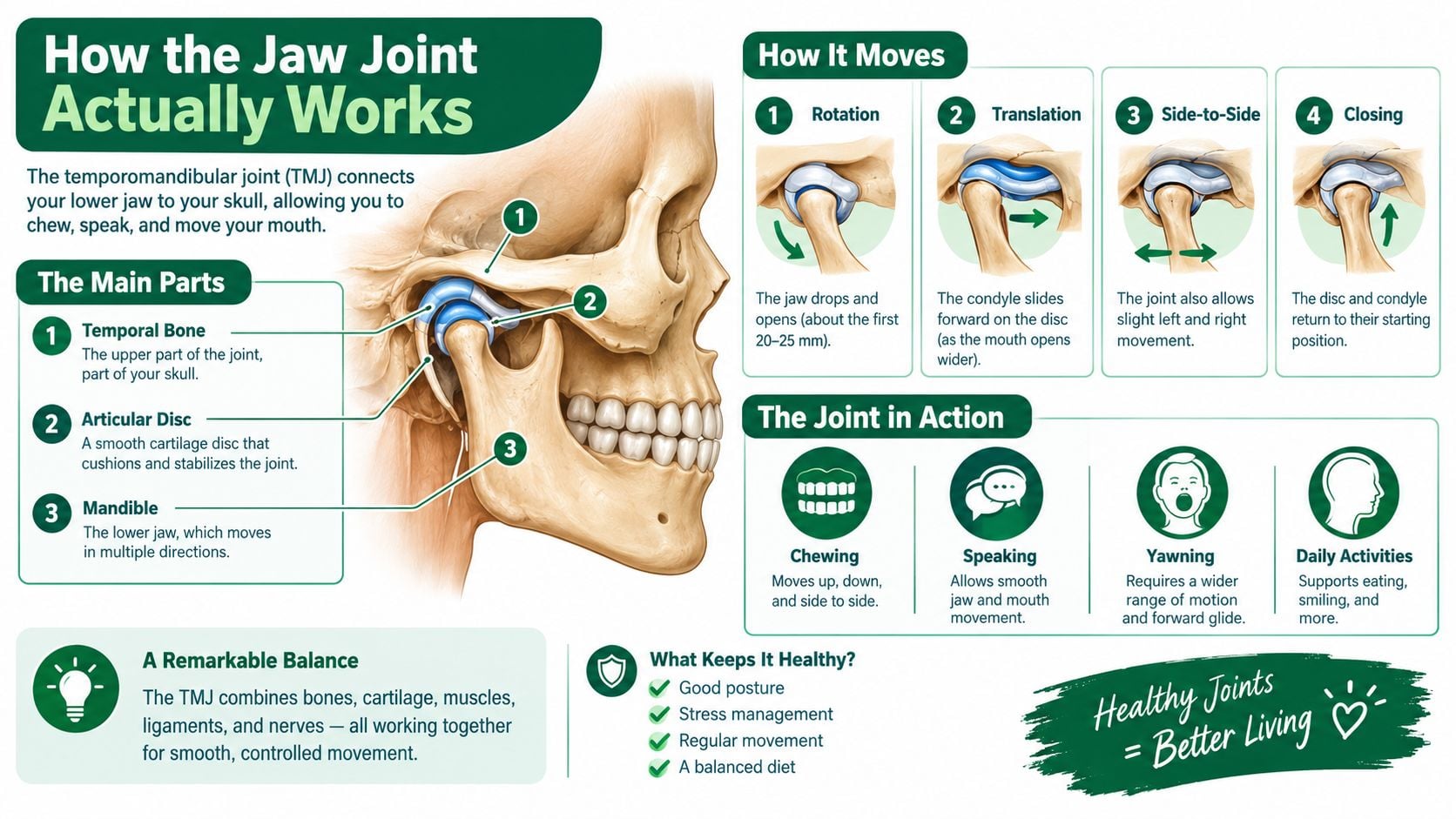 An educational infographic showing the anatomy, movement, and functions of the human temporomandibular jaw joint.